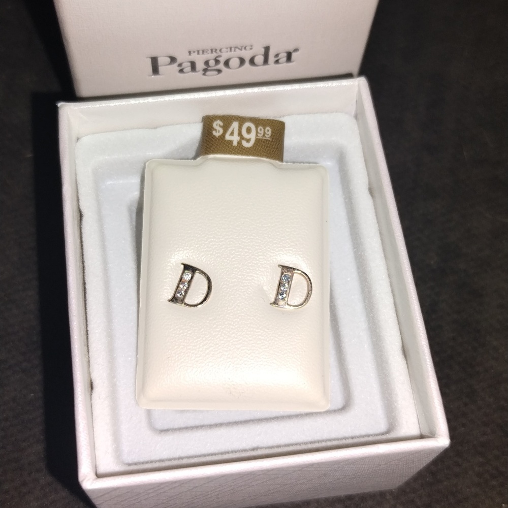 10k small initial "D" CZ post stud earrings